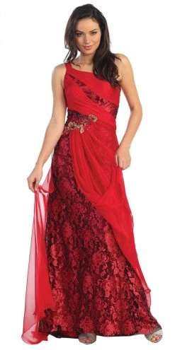 Formal Gowns Elizabeth K - GL1086 Laced One Shoulder Strap Chiffon Dress