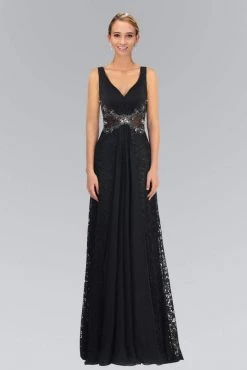Formal Gowns Elizabeth K - GL1092 Lace Overlay V-Neck A-Line Gown