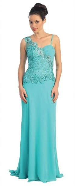 Elizabeth K - GL1093 Lace Embellished Asymmetrical Neck Dress