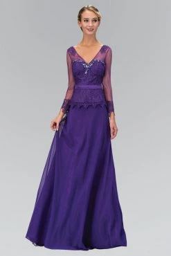 Elizabeth K - GL1097 Quarter Sleeve Applique Chiffon Gown Formal Gowns