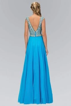 Elizabeth K - GL1130 Bejeweled Cap Sleeve Ruched V-Neck Dress