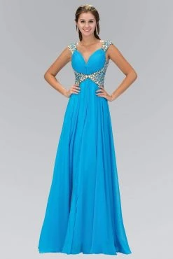 Elizabeth K - GL1130 Bejeweled Cap Sleeve Ruched V-Neck Dress