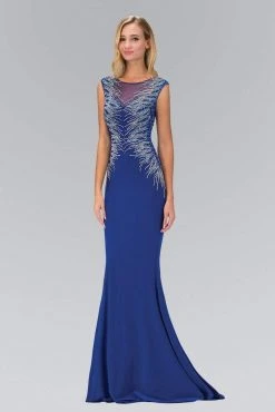 Elizabeth K - GL1306 Bead Embellished Boat Neck Jersey Gown Formal Gowns