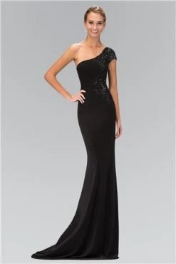Elizabeth K - GL1326 Beaded One Shoulder Jersey Long Dress