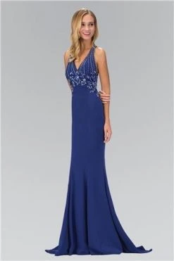 Elizabeth K - GL1337 Bejeweled V-neckline Sheath Gown