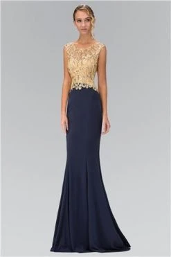 Elizabeth K - GL1340 Bejeweled Lace Applique Scoop Neckline Gown Formal Gowns