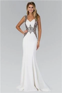 Elizabeth K - GL1347 Beaded Lace Applique Sweetheart Jersey Gown Formal Gowns