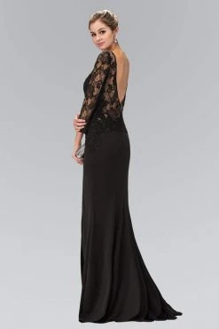 Formal Gowns Elizabeth K - GL1371 Lace Embellished Bodice With Three Quarter Sleeves Gown