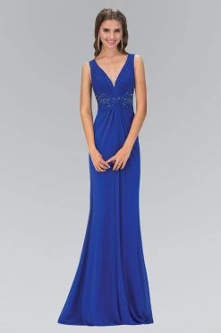 Elizabeth K GL1377 Embellished Ruched V-Neck A-line Dress - 1 Pc Royal Blue In Size XS Available Formal Gowns