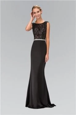 Elizabeth K - GL1388 Embellished Bateau Neckline Open Back Gown Formal Gowns