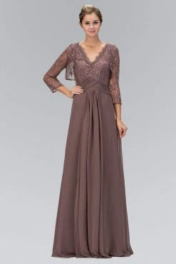 Elizabeth K - GL1397 Lace V-Neck A-Line Gown With Bolero Formal Gowns