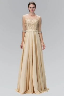 Elizabeth K - GL1407 Embellished Illusion Bateau Neck Long Gown Plus Size Dresses
