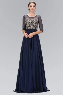 Elizabeth K - GL1407 Embellished Illusion Bateau Neck Long Gown Plus Size Dresses