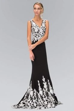 Elizabeth K - GL1408 V-neckline With White Lace Embellished Gown
