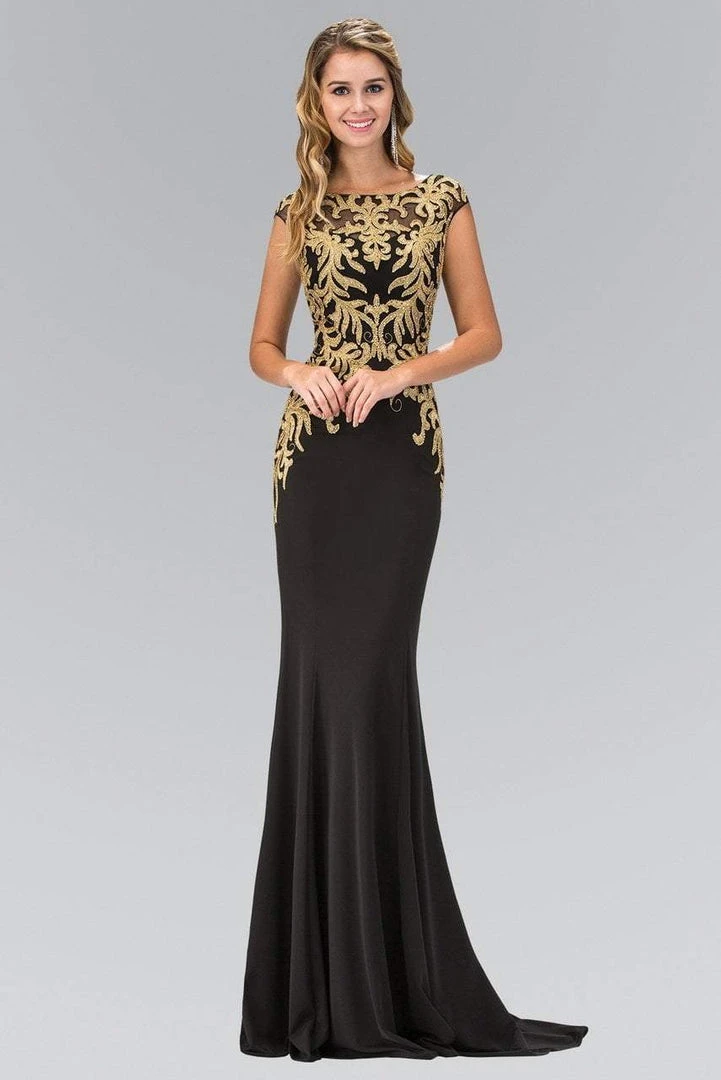 Elizabeth K - GL1417 Bateau Neckline With Gold Applique Embellishment Gown Formal Gowns 3 Elizabeth K - GL1417 Bateau Neckline With Gold Applique Embellishment Gown Formal Gowns
