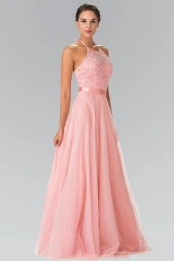 Elizabeth K - GL1475 Embroidered Illusion Halter Gown