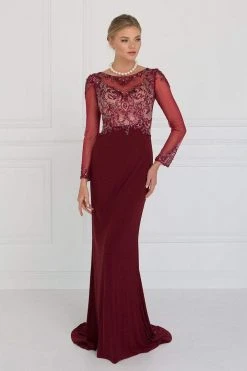 Elizabeth K - GL1506 Sheer Long Sleeves Sequined Evening Dress Formal Gowns