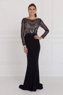 Elizabeth K - GL1506 Sheer Long Sleeves Sequined Evening Dress Formal Gowns