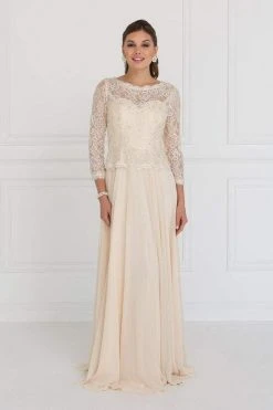 Formal Gowns Elizabeth K - GL1509 Scalloped Quarter Sleeve Lace Bodice A-Line Gown