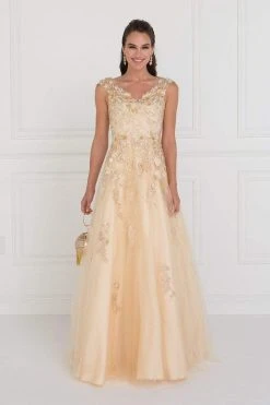 Formal Gowns Elizabeth K - GL1517 Floral Embroidered Cap Sleeves Gown