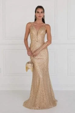 Elizabeth K - GL1546 Embellished Deep V-neck Sheath Dress Formal Gowns 8 Elizabeth K - GL1546 Embellished Deep V-neck Sheath Dress Formal Gowns