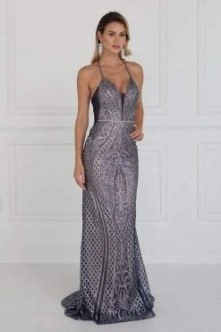 Elizabeth K - GL1546 Embellished Deep V-neck Sheath Dress Formal Gowns 9 Elizabeth K - GL1546 Embellished Deep V-neck Sheath Dress Formal Gowns