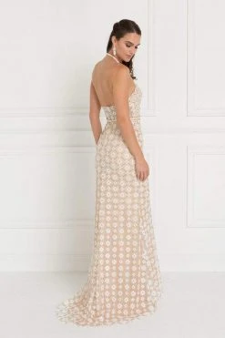 Elizabeth K - GL1548 Beaded Halter Tulle Sheath Dress