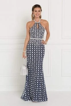 Elizabeth K - GL1548 Beaded Halter Tulle Sheath Dress