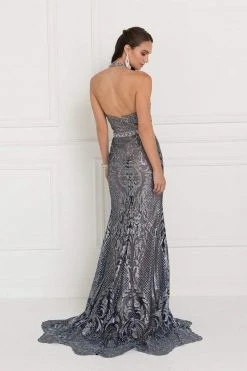 Formal Gowns Elizabeth K - GL1549 Plunging Cutout High Halter Metallic Beaded Gown