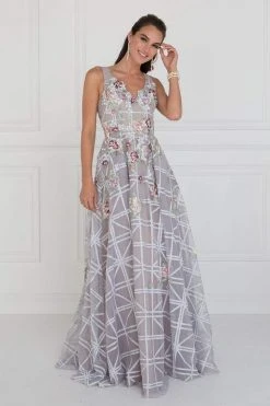 Elizabeth K - GL1550 Floral Embroidered Lattice Tulle A-Line Gown Formal Gowns