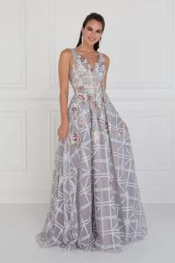 Elizabeth K - GL1550 Floral Embroidered Lattice Tulle A-Line Gown Formal Gowns