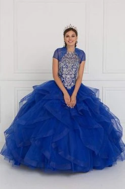 Elizabeth K - GL1553 Bejeweled Ruffled Ballgown With Sheer Bolero 8 Elizabeth K - GL1553 Bejeweled Ruffled Ballgown With Sheer Bolero