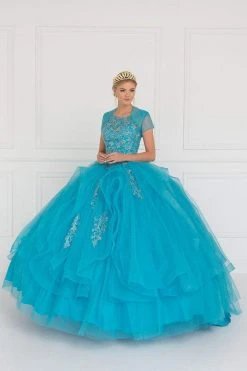 Elizabeth K - GL1557 Embroidered Illusion Bateau Ballgown With Bolero