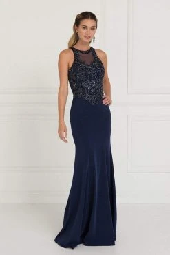 Formal Gowns Elizabeth K - GL1568 Bedazzled Illusion Halter Sheath Dress