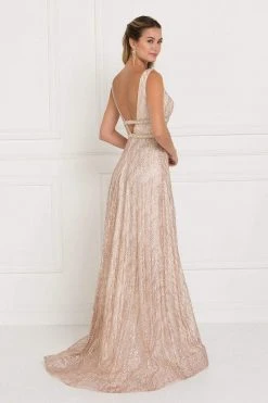 Elizabeth K - GL1575 Sequined Deep V-neck Organza A-line Dress Formal Gowns