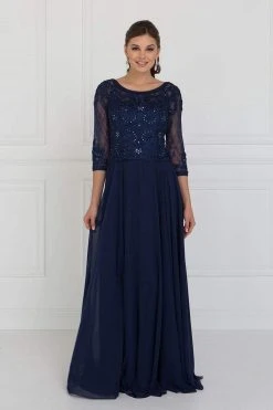 Elizabeth K - GL1580 Quarter Sleeve Jeweled Soutache Illusion Gown Formal Gowns