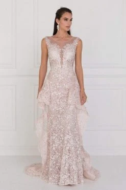 Elizabeth K - GL1582 Cap Sleeve Illusion Paneled Lace Overskirt Gown Formal Gowns