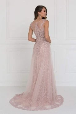 Elizabeth K - GL1583 Illusion Bateau Appliqued Tulle Overlay Gown Formal Gowns