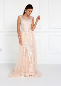 Elizabeth K - GL1583 Illusion Bateau Appliqued Tulle Overlay Gown Formal Gowns