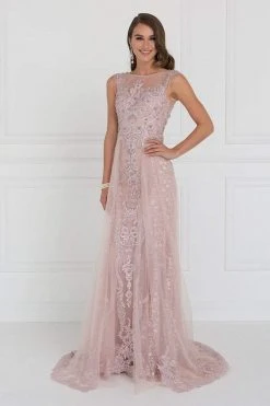 Elizabeth K - GL1583 Illusion Bateau Appliqued Tulle Overlay Gown Formal Gowns