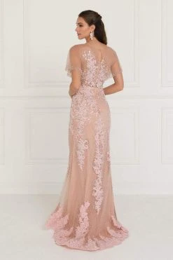 Elizabeth K - GL1585 Beaded Lace Dolman Sleeve Sheath Dress