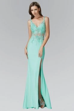 Formal Gowns Elizabeth K - GL2052 Sheer Lace Applique Sheath Gown
