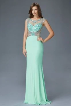 Elizabeth K - GL2082 Bejeweled Sheer Bodice And Back Sheath Gown