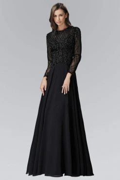 Formal Gowns Elizabeth K - GL2097 Long Sleeve Beaded Chiffon A-line Gown
