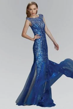 Elizabeth K - GL2137 Sequined Bateau Neck Tulle Trumpet Gown