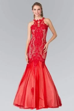 Elizabeth K - GL2219 Laced Halter Tulle Mermaid Dress Formal Gowns