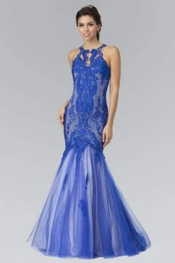Elizabeth K - GL2219 Laced Halter Tulle Mermaid Dress Formal Gowns