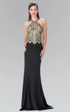 Formal Gowns Elizabeth K - GL2231 Embroidered Halter Jersey Trumpet Dress