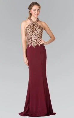 Formal Gowns Elizabeth K - GL2231 Embroidered Halter Jersey Trumpet Dress