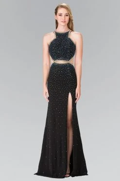 Formal Gowns Elizabeth K - GL2265 Sequined Halter Long Dress With Slit